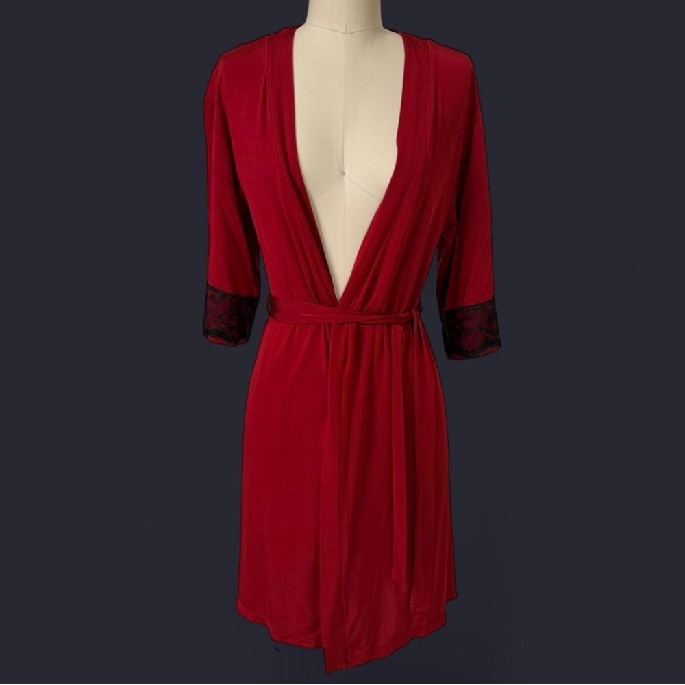 Soft Red Women's Robe with Black Lace Detailing